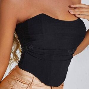 Apperloth Black A Mesh Ruched Grommet Lace Up Curved Hem Shapewear Corset Top. S